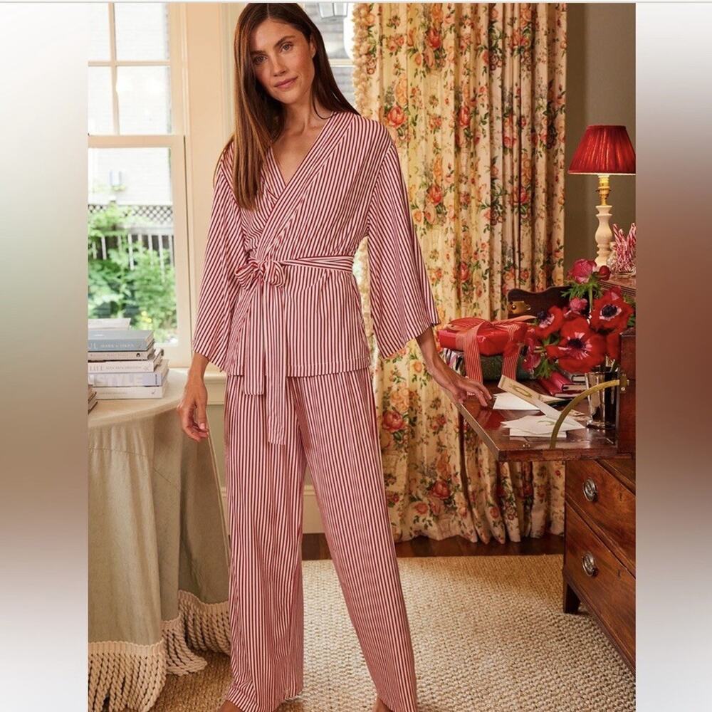 LAKE Dream Modal Kimono Pajama Set Red White Striped Size Medium